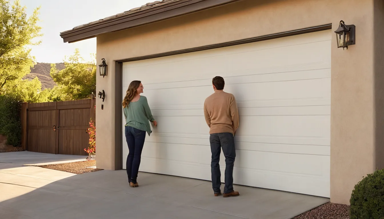 A homeowner talking with a garage door provider beside a stucco home in Mission Viejo